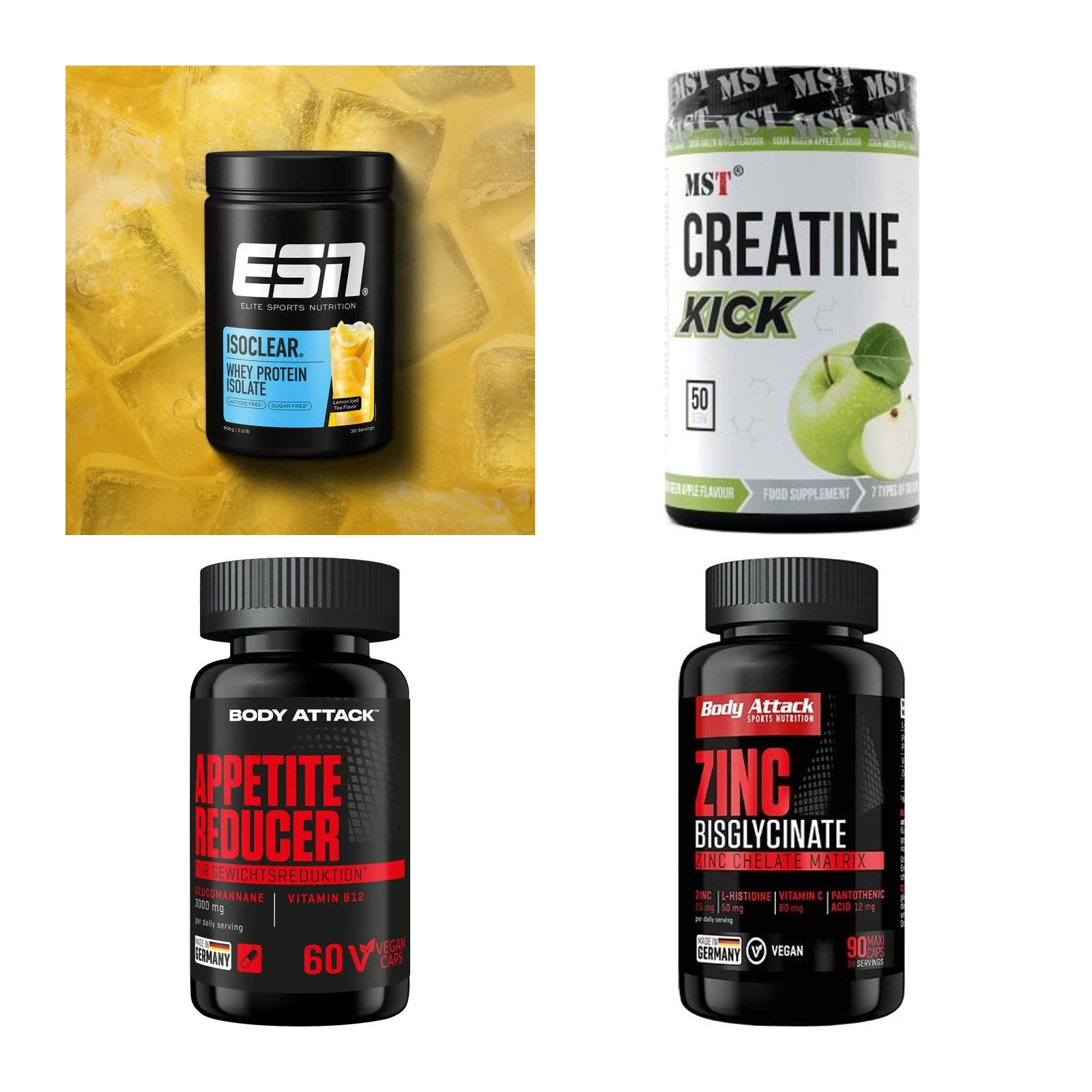 Wettkampfvorbereitung: ESN ISOCLEAR + MST Creatine + 2 weitere – alle enthaltenen Artikel