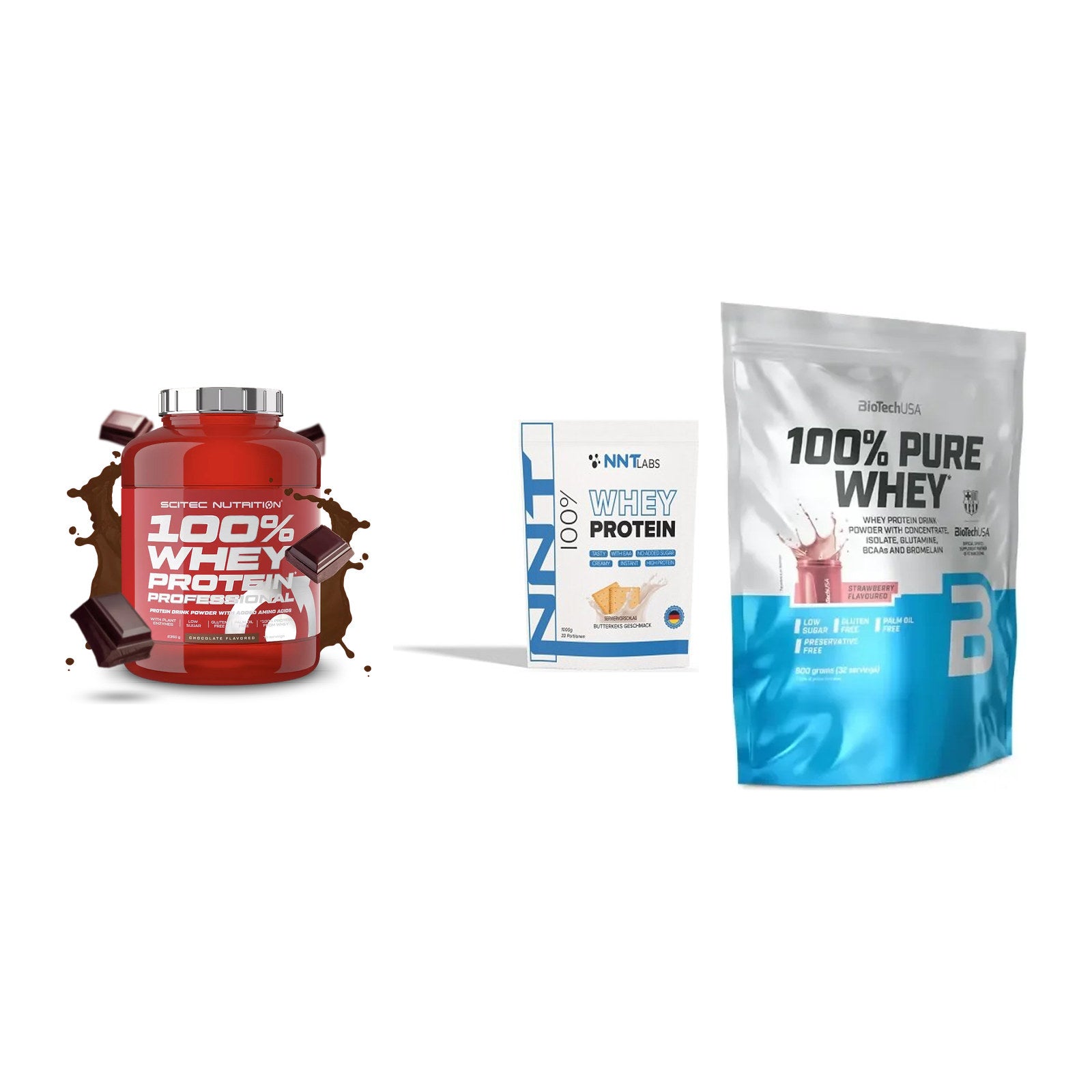 Whey-Probierset: Scitec 100% + NNT Whey + BioTech 100% – alle enthaltenen Artikel
