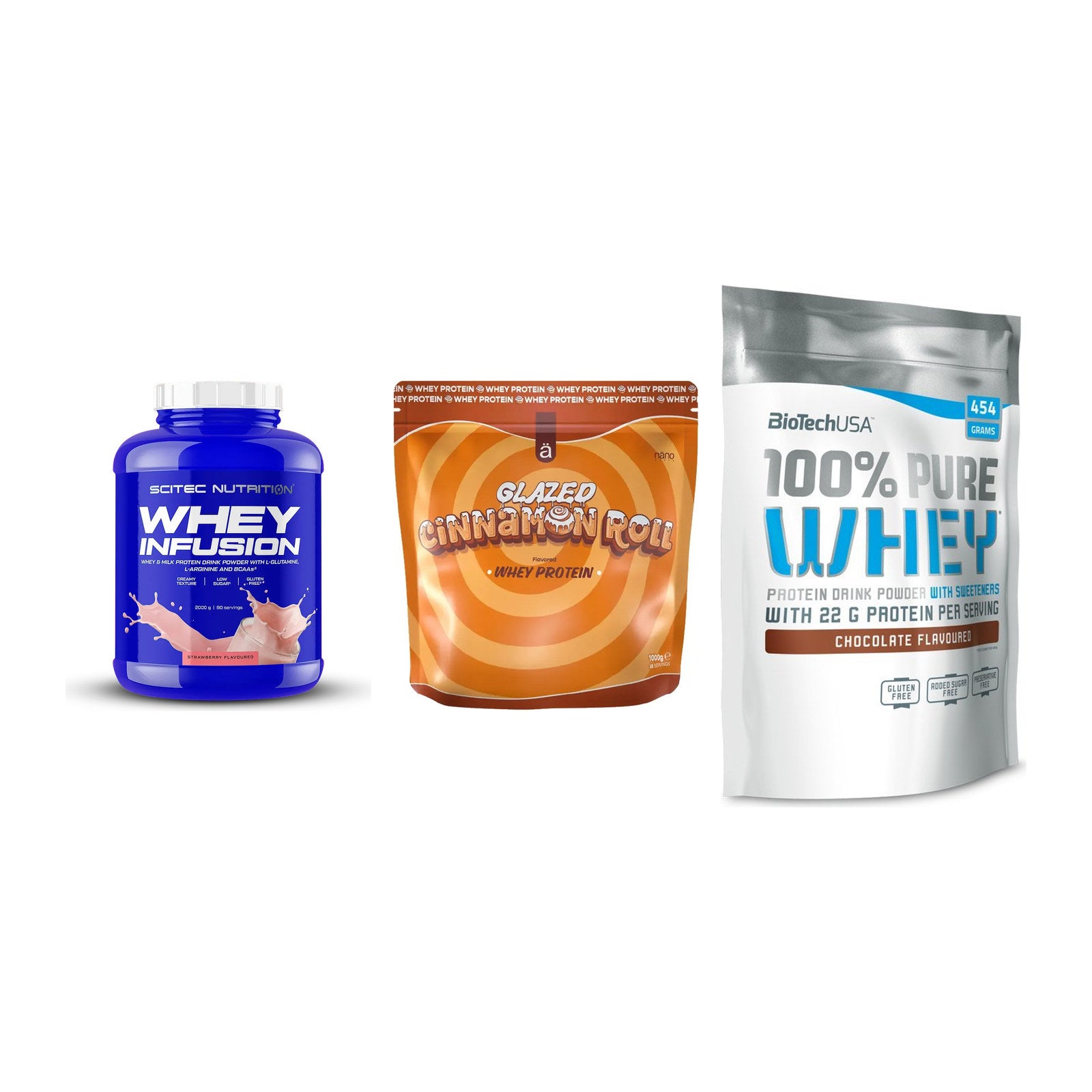 Whey-Probierset: Scitec Whey + Nanosupps Whey + BioTech 100% – alle enthaltenen Artikel