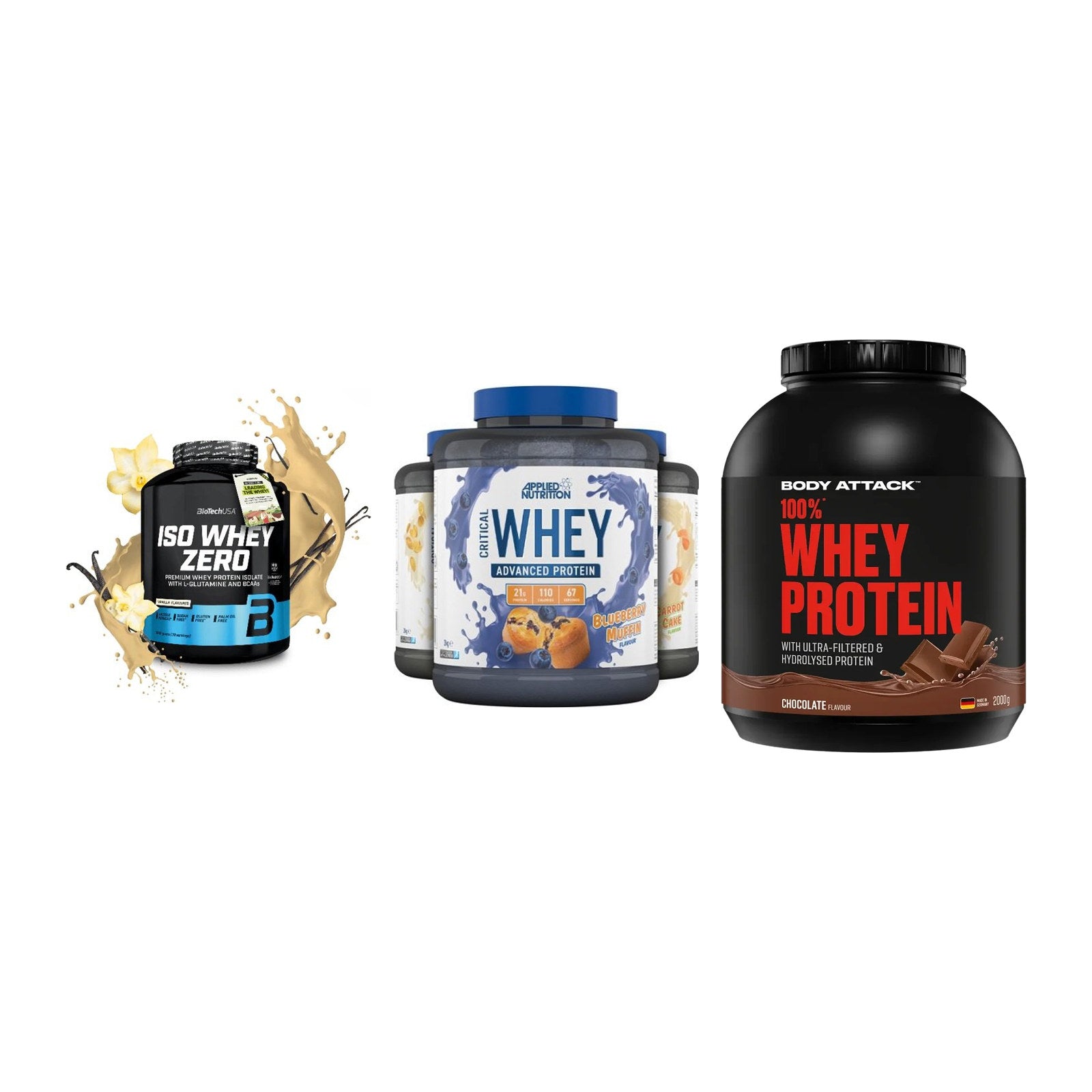Whey-Probierset: BioTech Iso + Applied Nutriti + Body Attack – alle enthaltenen Artikel