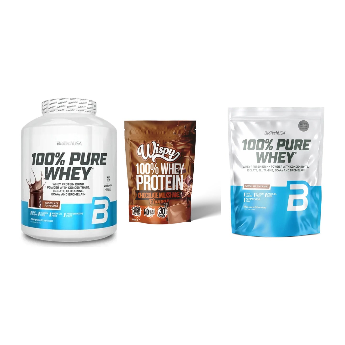 Whey-Probierset: BioTech 100% Pure Whey + Wispy Whey 100% + 1 weitere – alle enthaltenen Artikel