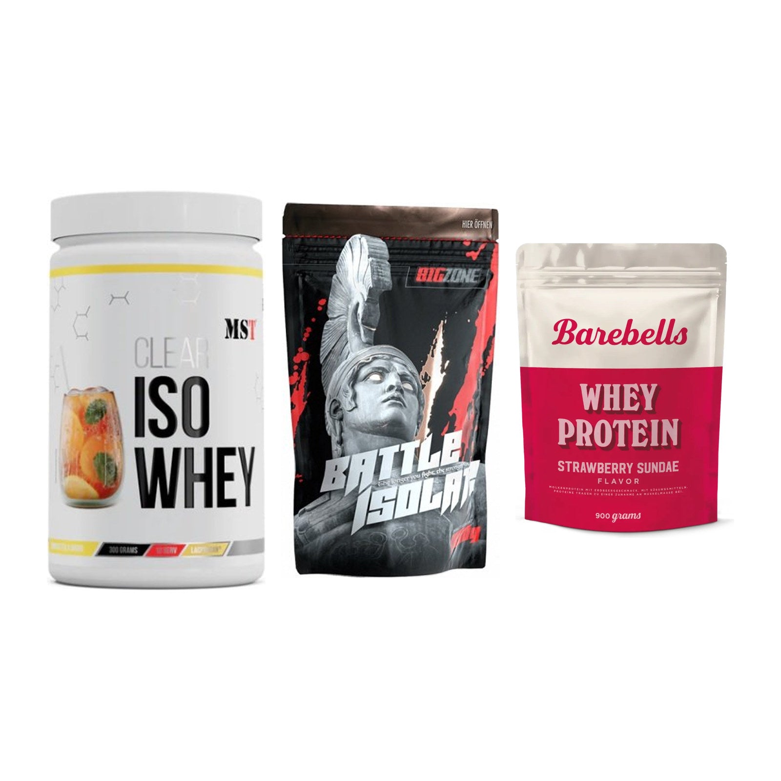 Whey-Probierset: MST Iso Clear + Big Zone Battle + Barebells Whey – alle enthaltenen Artikel