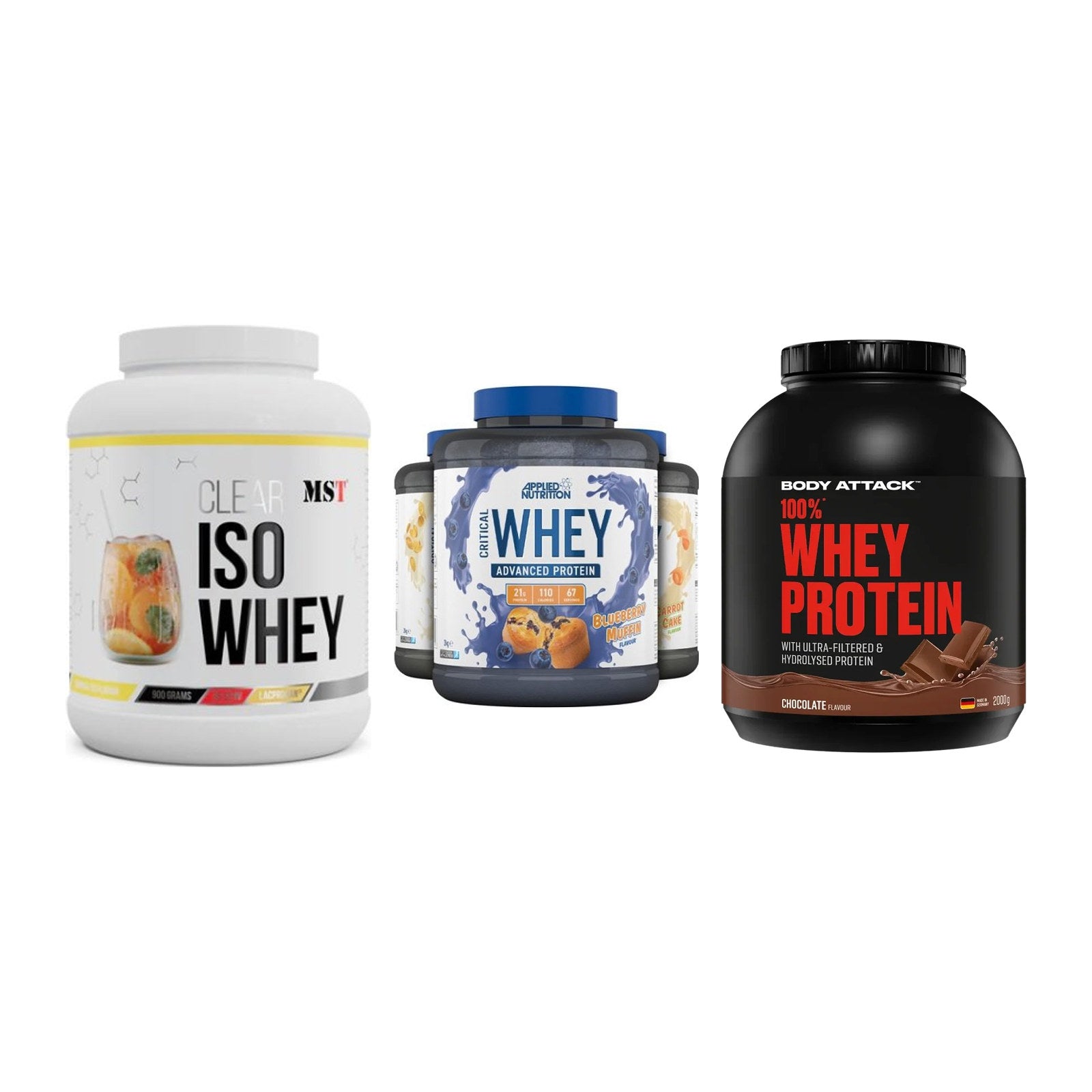 Whey-Probierset: MST Iso Clear + Applied Nutriti + Body Attack – alle enthaltenen Artikel
