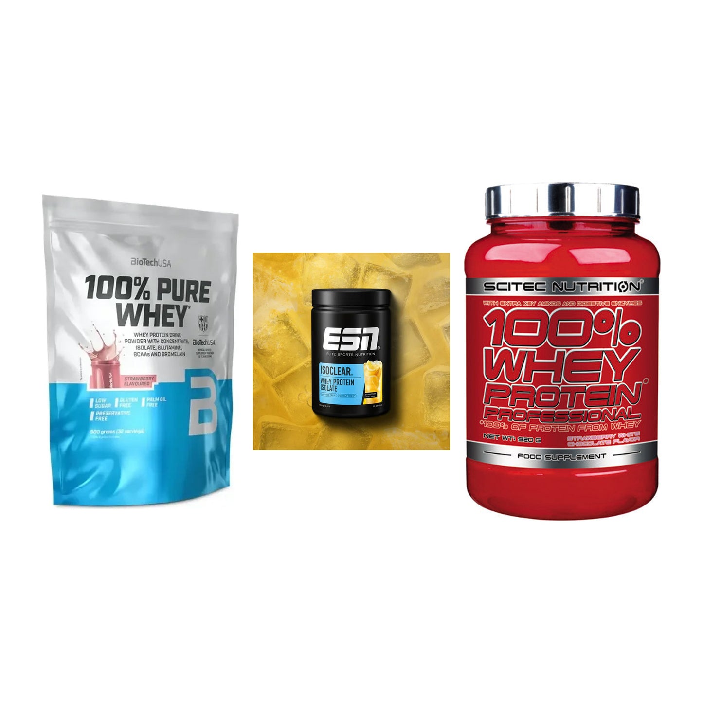 Whey-Probierset: BioTech 100% + ESN ISOCLEAR + Scitec 100% – alle enthaltenen Artikel