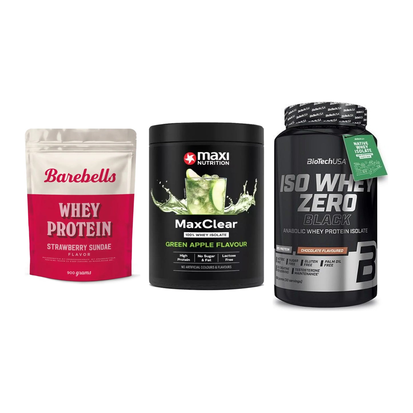 Whey-Probierset: Barebells Whey + MaxiNutrition + BioTech Iso – alle enthaltenen Artikel