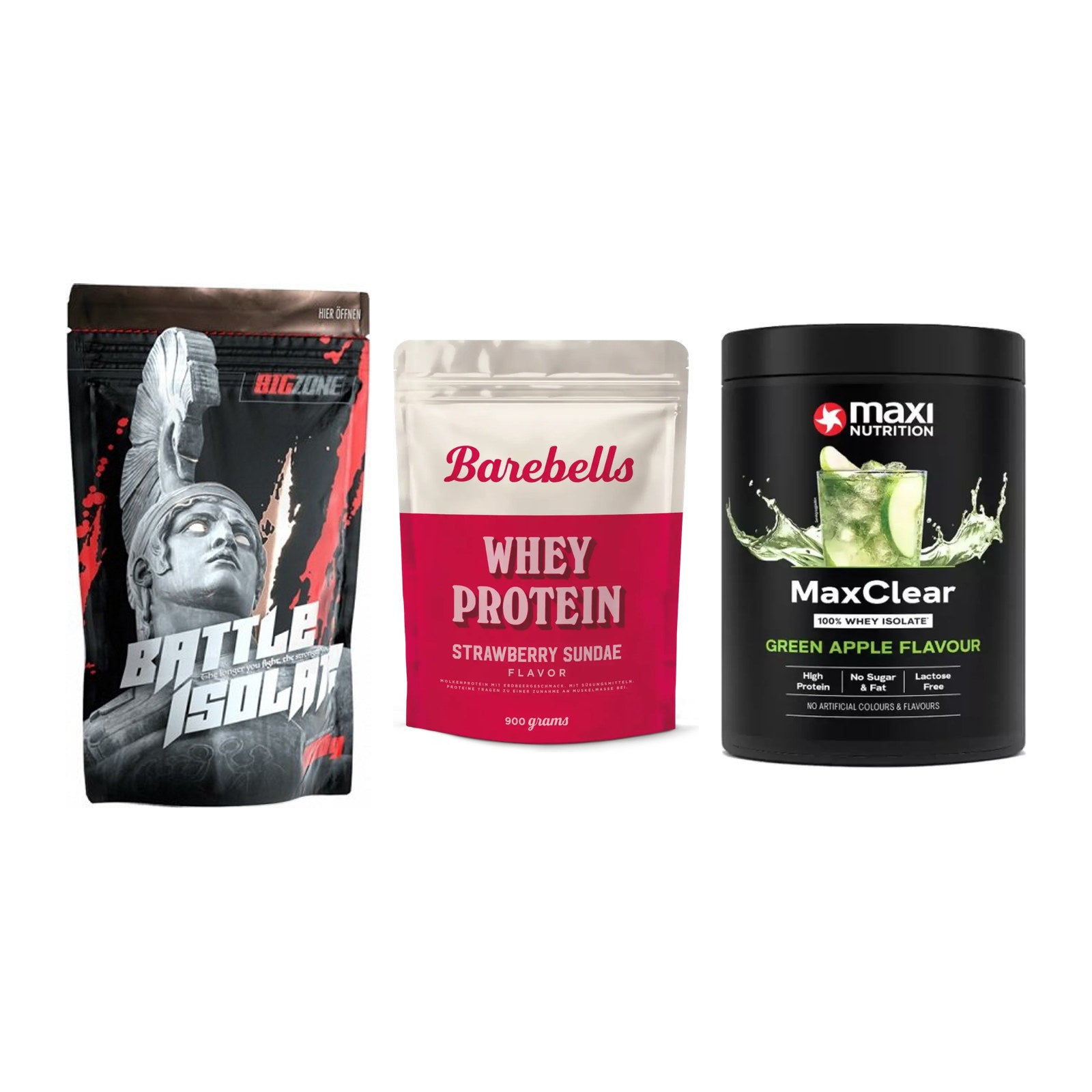 Whey-Probierset: Big Zone Battle + Barebells Whey + MaxiNutrition – alle enthaltenen Artikel