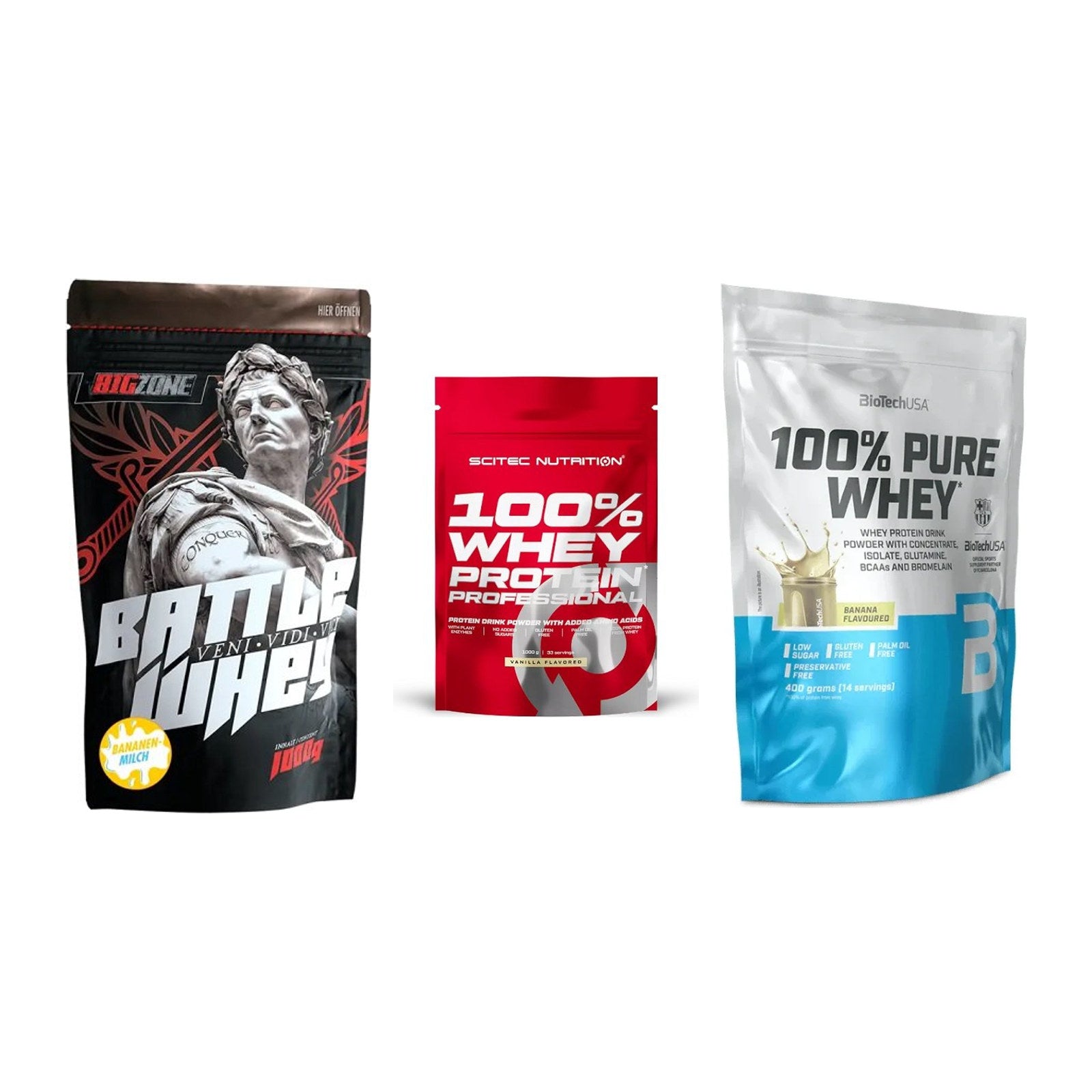 Whey-Probierset: Big Zone Battle + Scitec 100% + BioTech 100% – alle enthaltenen Artikel