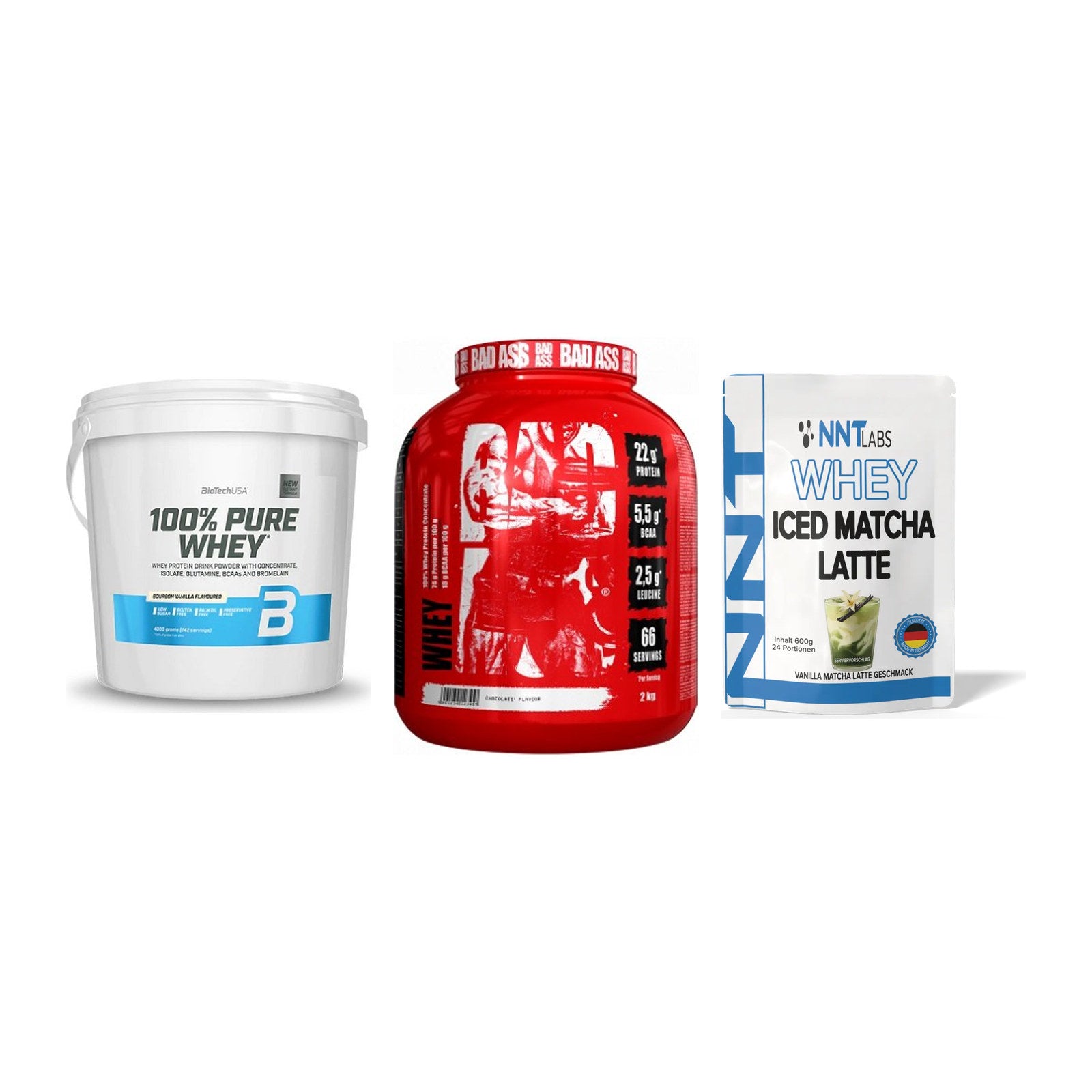 Whey-Probierset: BioTech 100% + BAD ASS Whey + NNT Whey ICED – alle enthaltenen Artikel