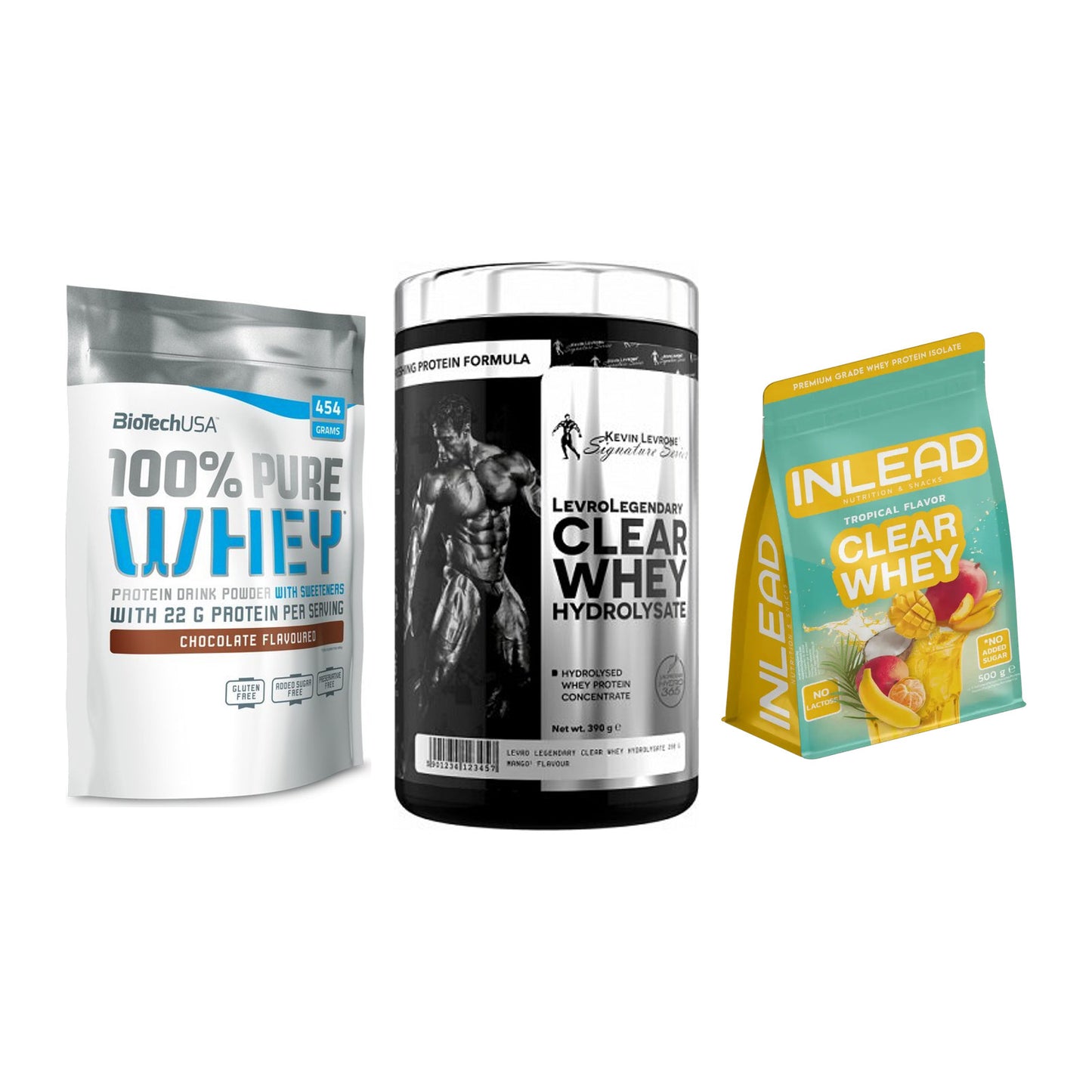 Whey-Probierset: BioTech 100% + Kevin Levrone + INLEAD Clear – alle enthaltenen Artikel