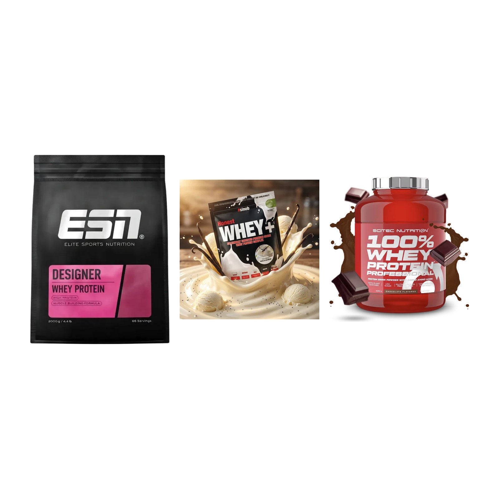 Whey-Probierset: ESN Designer + Sinob Honest + Scitec 100% – alle enthaltenen Artikel