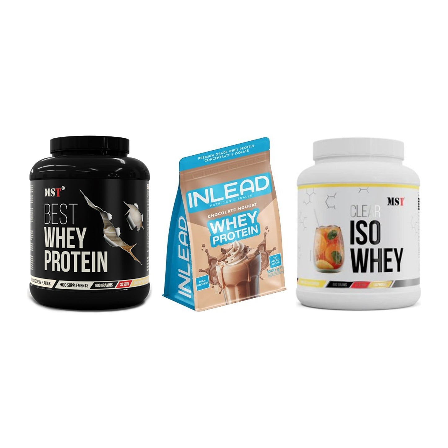 Whey-Probierset: MST Best Whey + INLEAD Whey + MST Iso Clear – alle enthaltenen Artikel