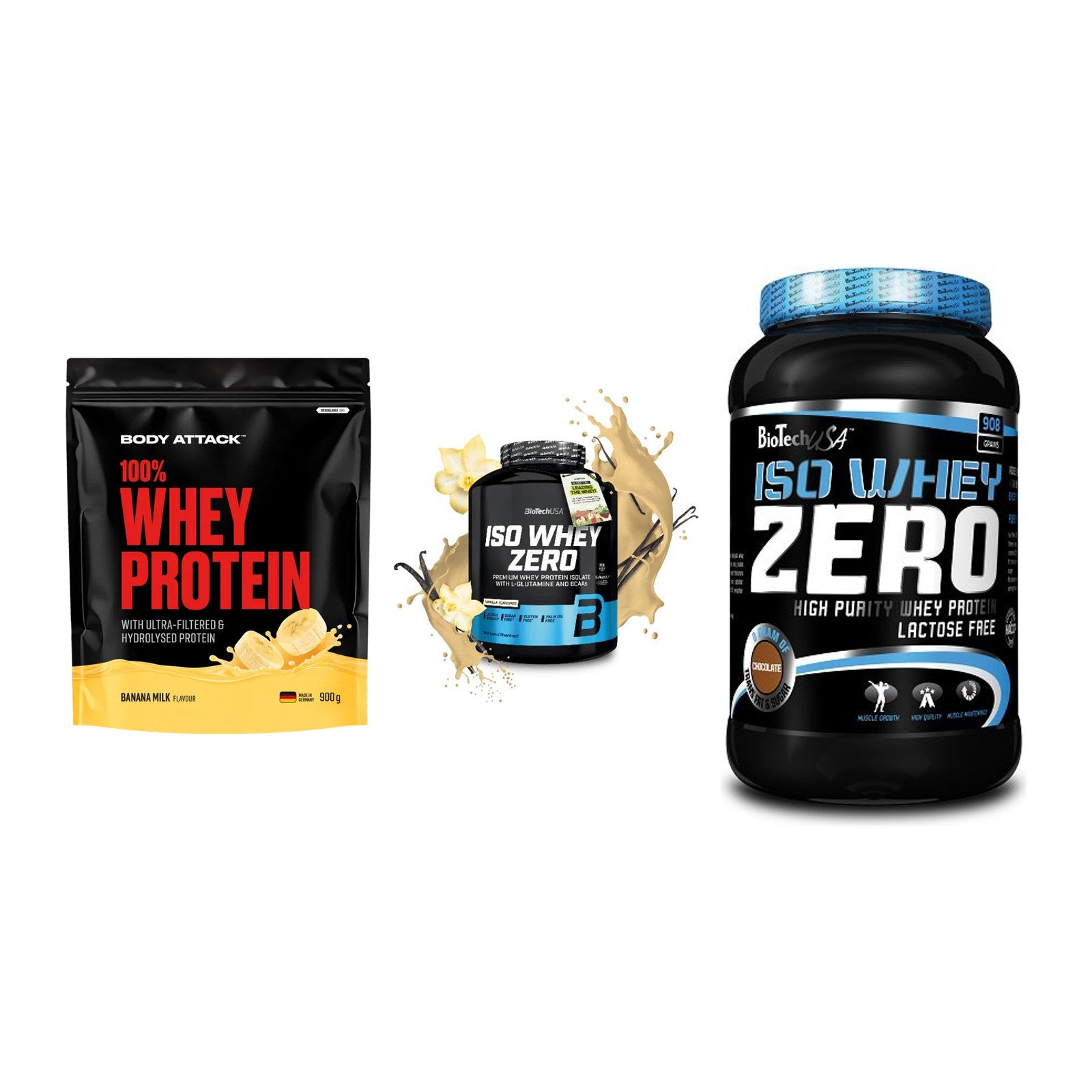 Whey-Probierset: Body Attack 100% + BioTech Iso Whey + 1 weitere – alle enthaltenen Artikel