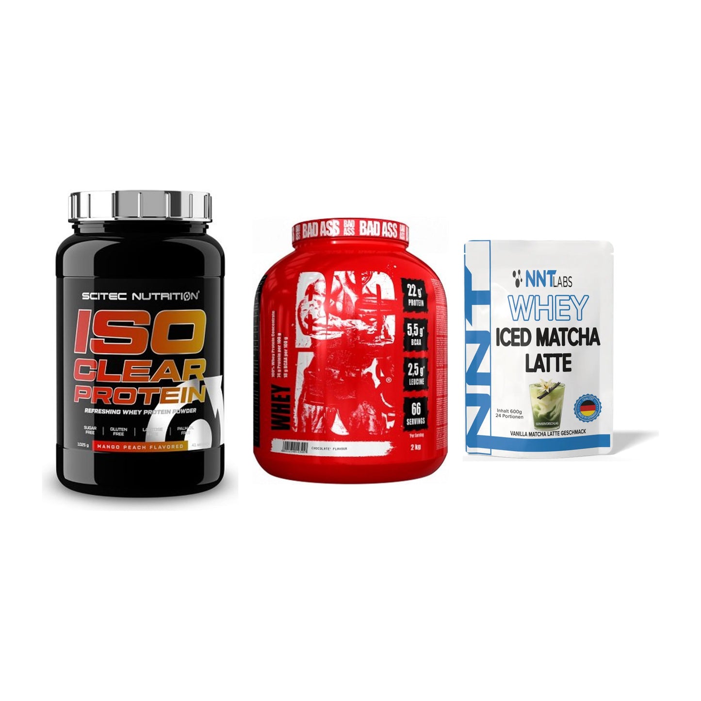Whey-Probierset: Scitec IsoClear + BAD ASS Whey + NNT Whey ICED – alle enthaltenen Artikel