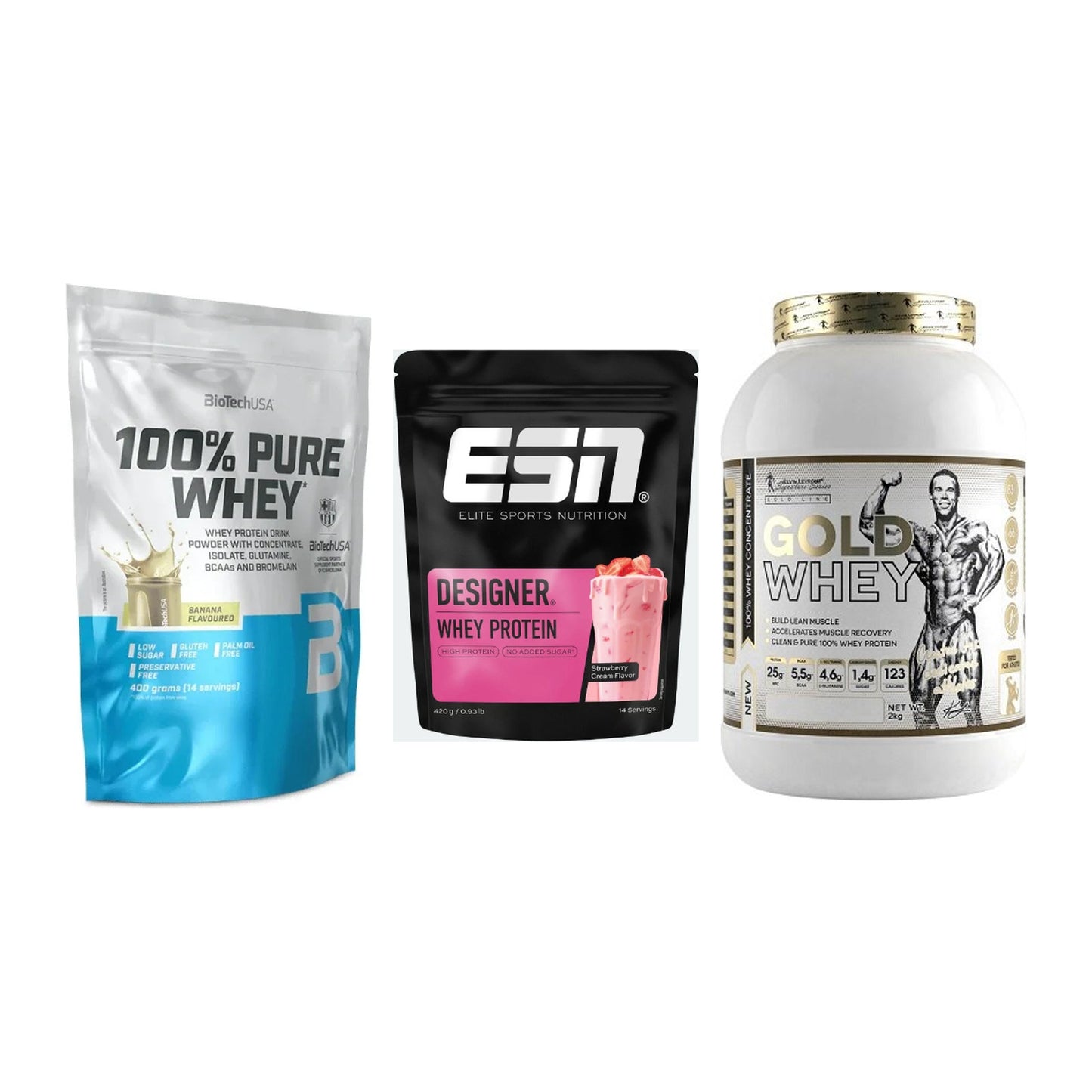 Whey-Probierset: BioTech 100% + ESN Designer + Kevin Levrone – alle enthaltenen Artikel