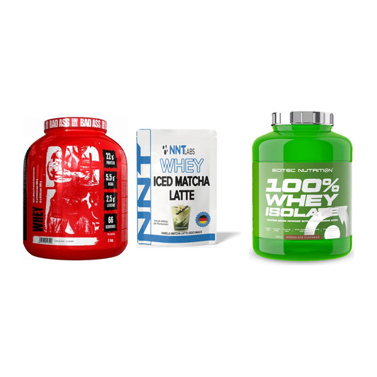 Whey-Probierset: BAD ASS Whey + NNT Whey ICED + Scitec Whey – alle enthaltenen Artikel