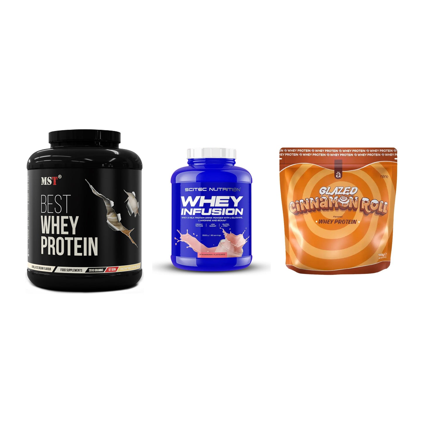 Whey-Probierset: MST Best Whey + Scitec Whey + Nanosupps Whey – alle enthaltenen Artikel