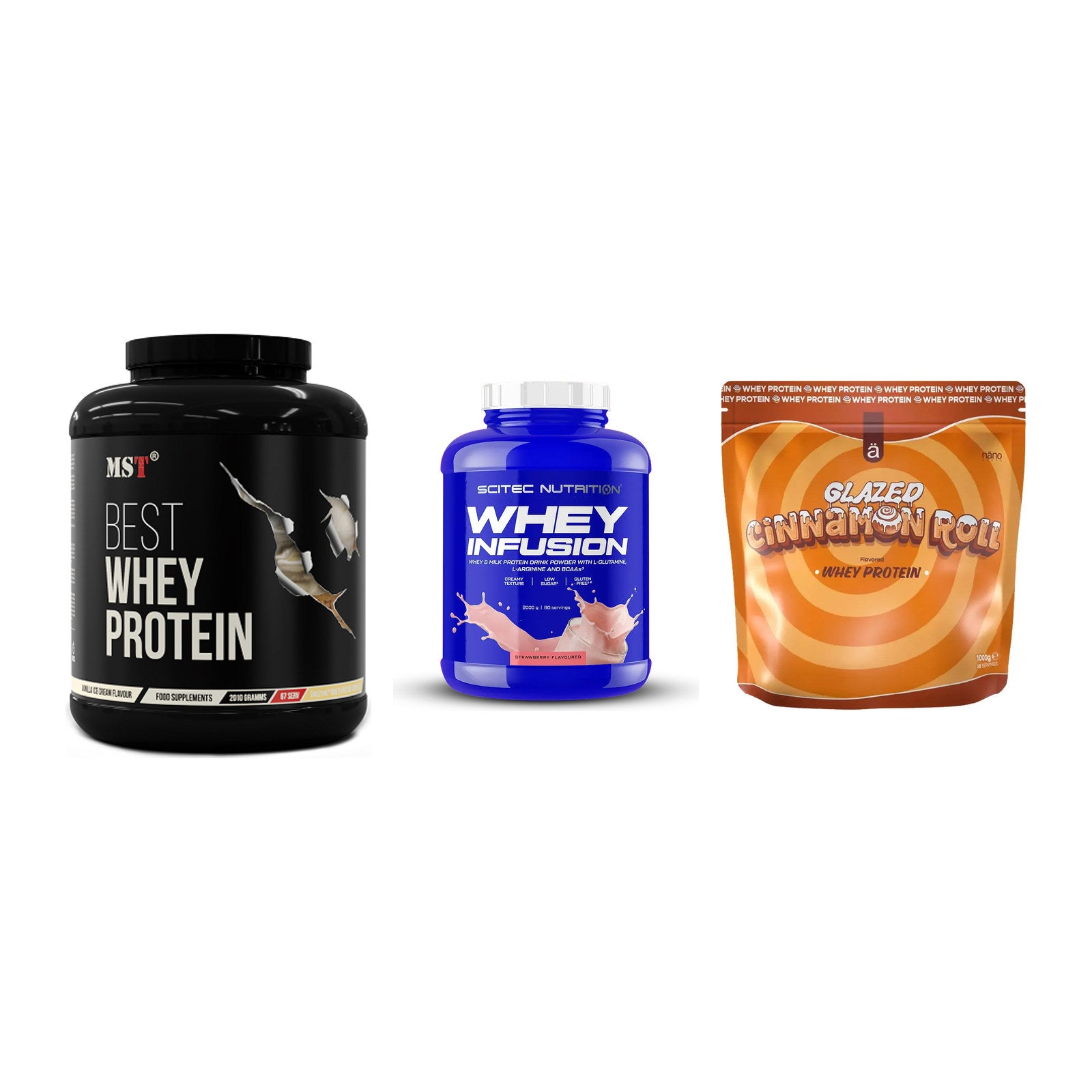 Whey-Probierset: MST Best Whey + Scitec Whey + Nanosupps Whey – alle enthaltenen Artikel