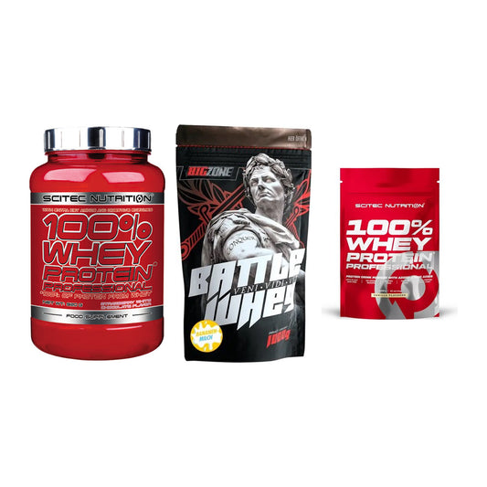 Whey-Probierset: Scitec 100% Whey + Big Zone Battle + 1 weitere – alle enthaltenen Artikel