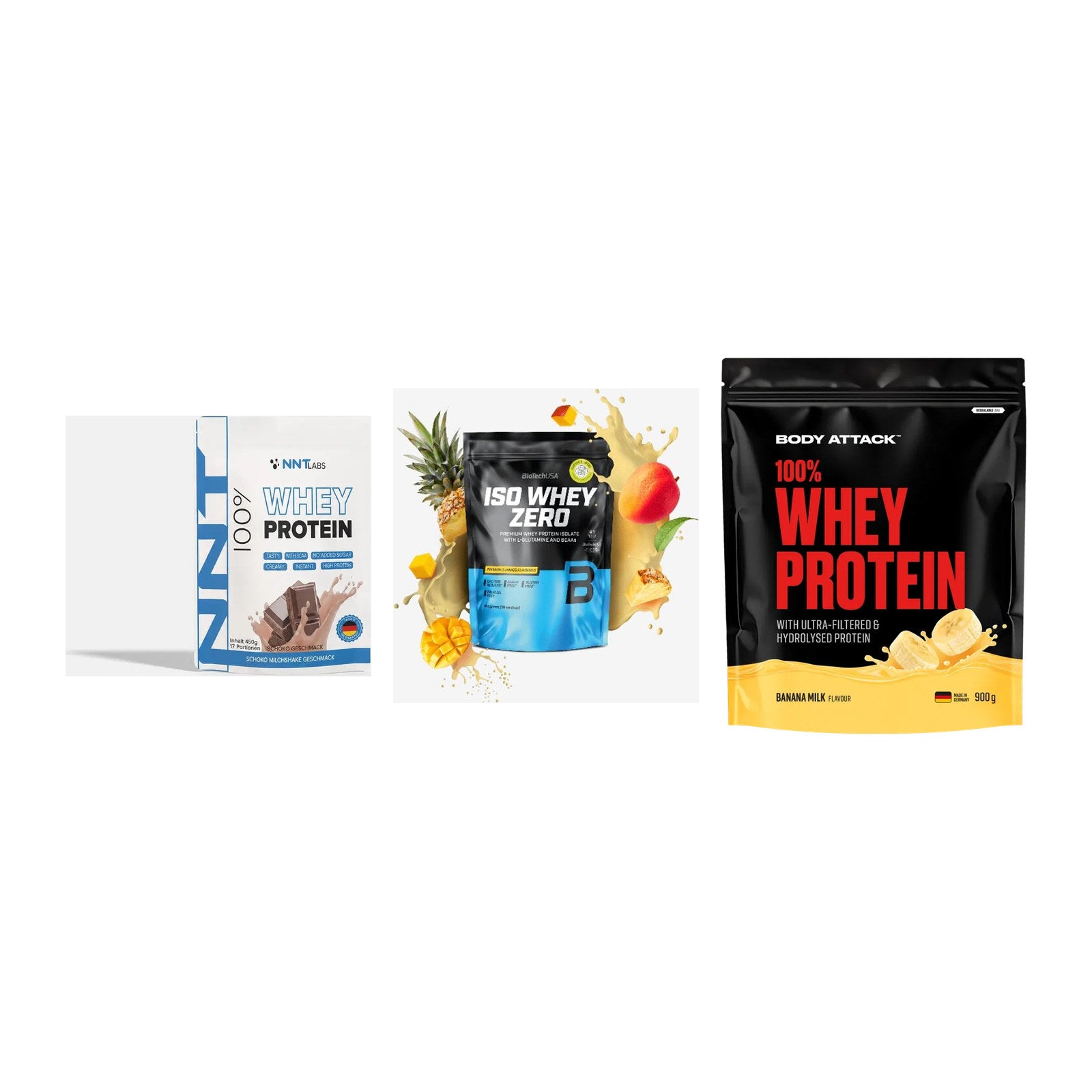 Whey-Probierset: NNT Whey + BioTech Iso + Body Attack – alle enthaltenen Artikel