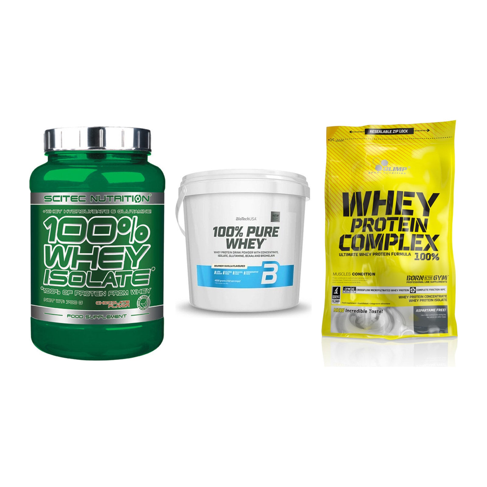 Whey-Probierset: Scitec Whey + BioTech 100% + Olimp Whey – alle enthaltenen Artikel