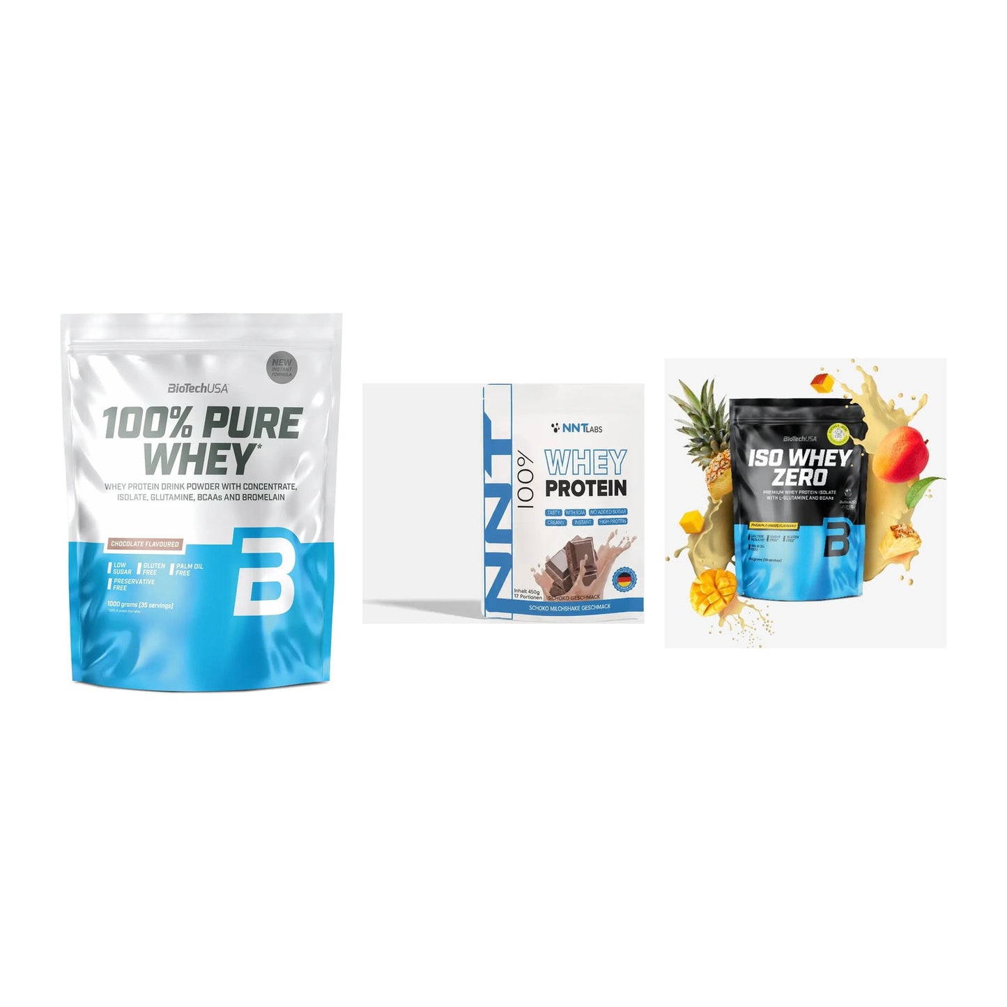 Whey-Probierset: BioTech 100% + NNT Whey + BioTech Iso – alle enthaltenen Artikel
