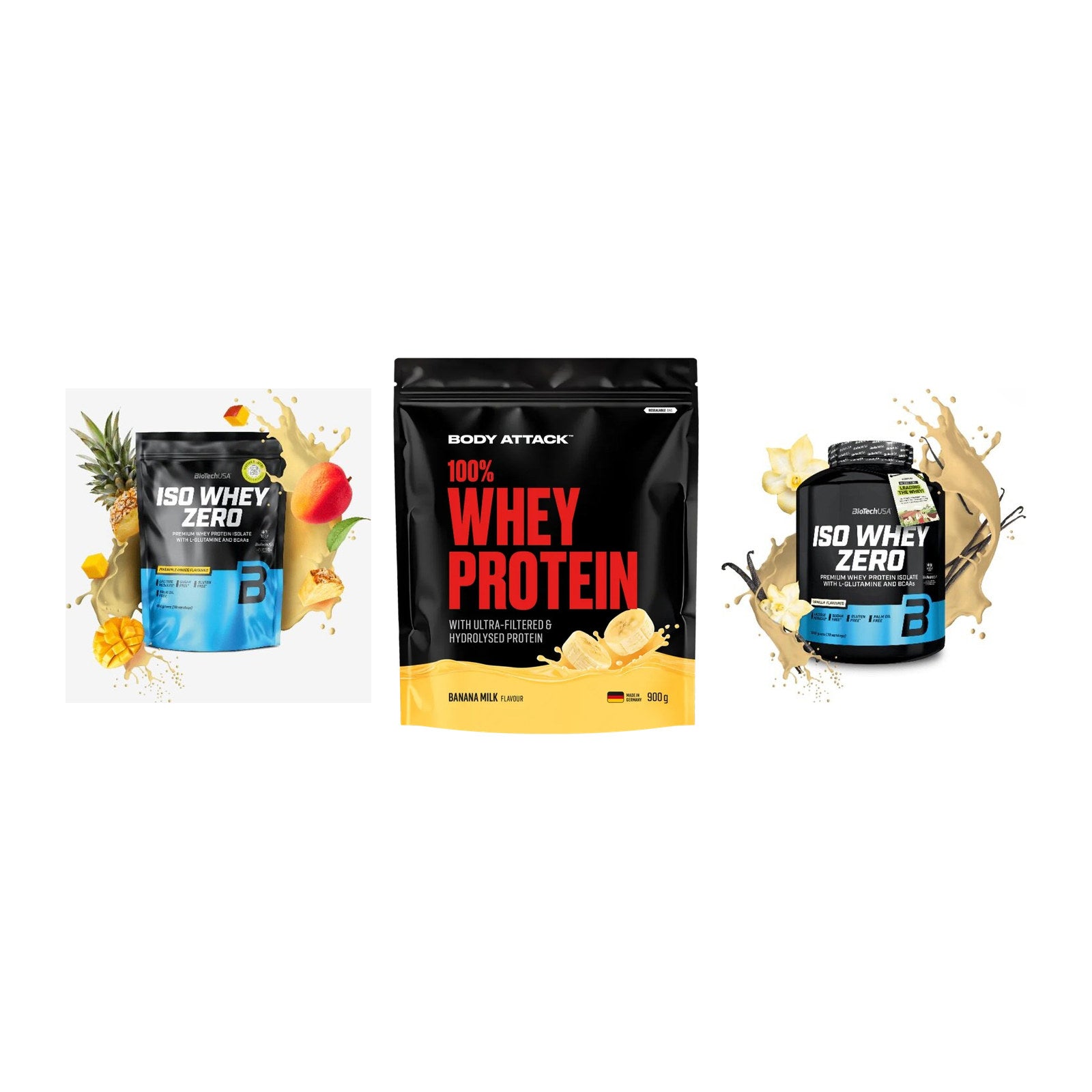 Whey-Probierset: BioTech Iso Whey + Body Attack 100% + 1 weitere – alle enthaltenen Artikel