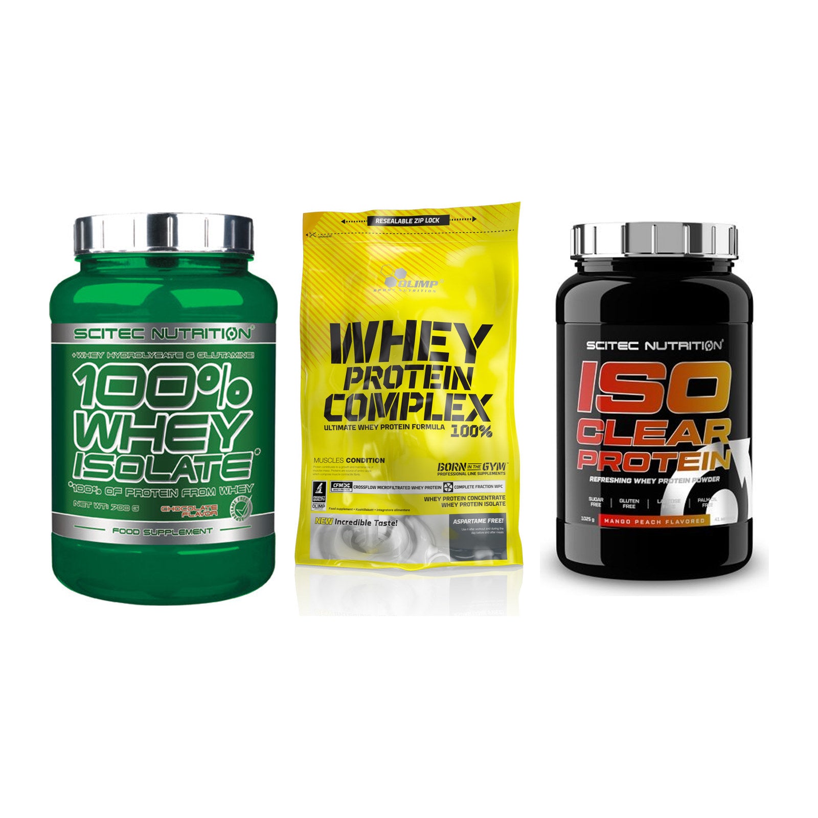 Whey-Probierset: Scitec Whey + Olimp Whey + Scitec IsoClear – alle enthaltenen Artikel