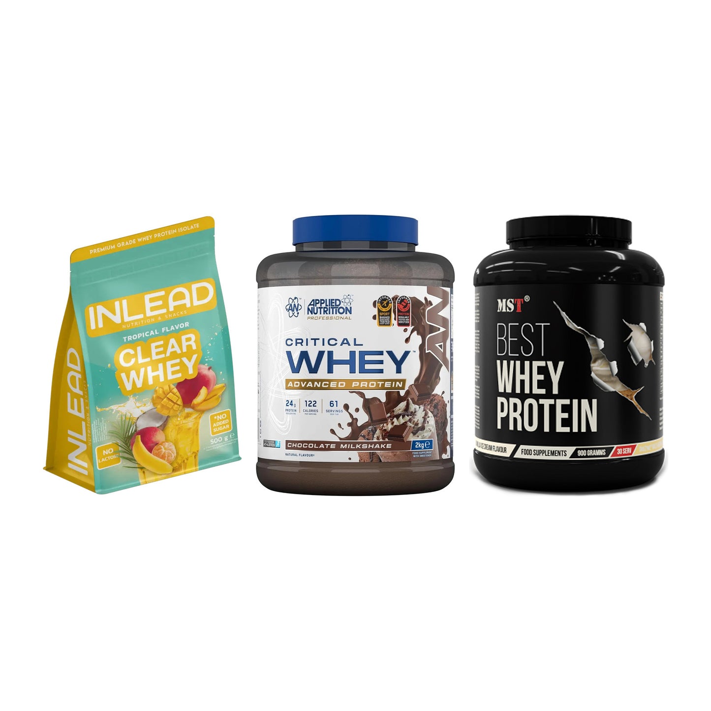 Whey-Probierset: INLEAD Clear + Applied Nutriti + MST Best Whey – alle enthaltenen Artikel