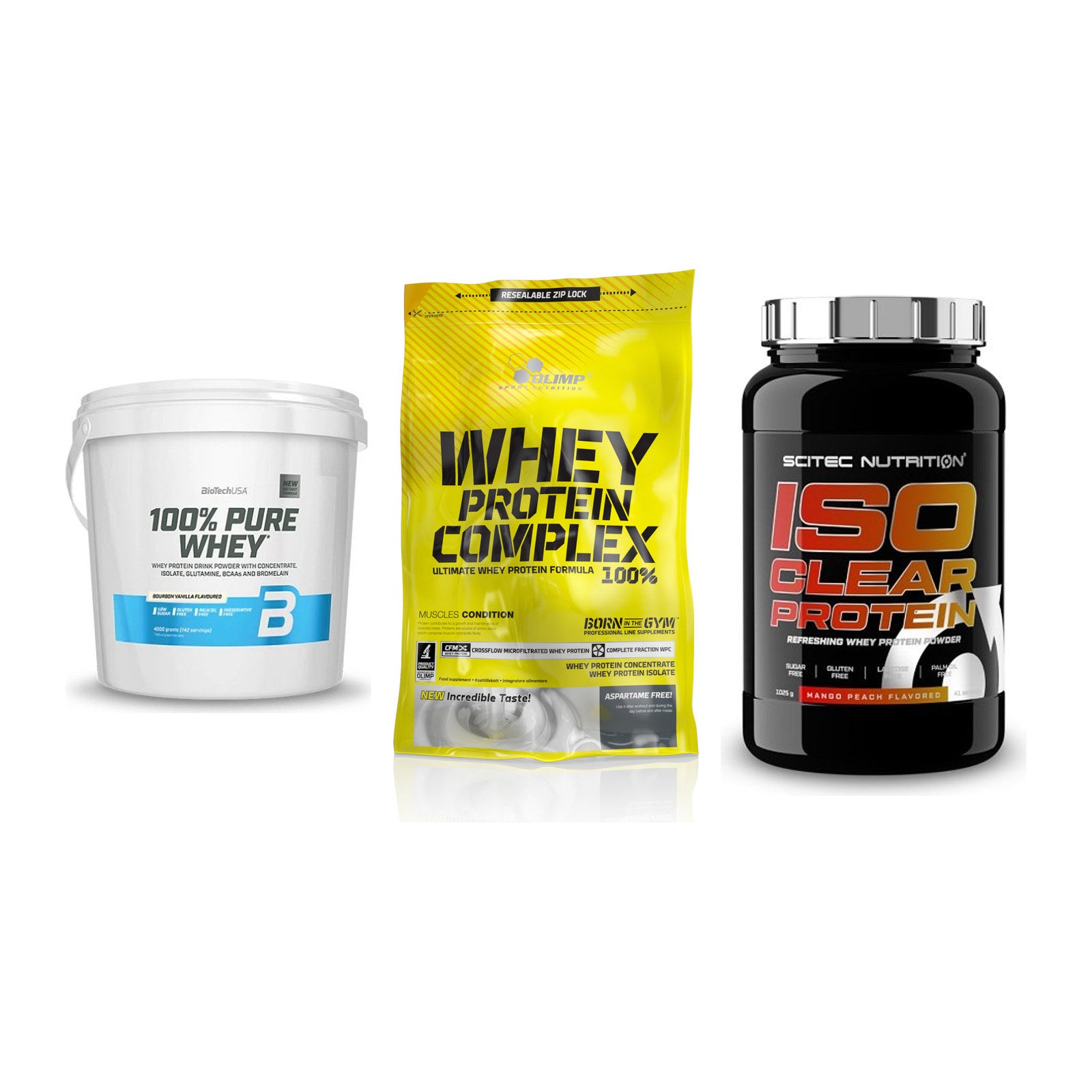 Whey-Probierset: BioTech 100% + Olimp Whey + Scitec IsoClear – alle enthaltenen Artikel