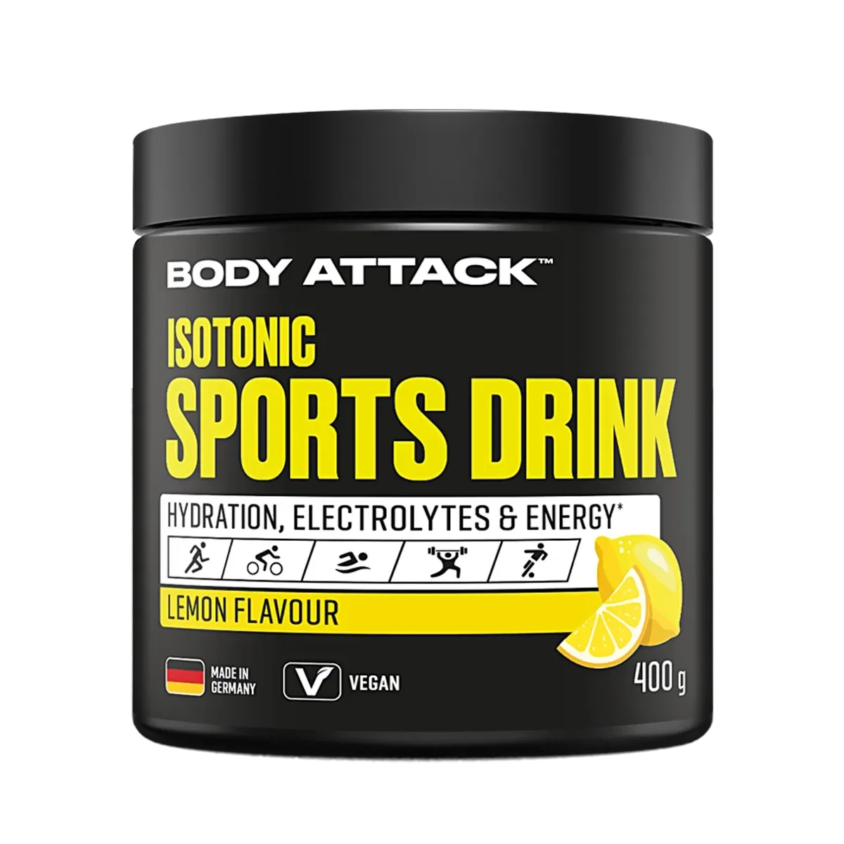 Zitrone Sorten-Großset: Body Attack + Kevin Levrone + 2 weitere – Body Attack Isotonic Sports Drink 400g (Lemon)