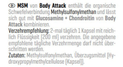 Glucosamin & MSM Halbjahresvorrat – 180 Tage, 220 Kapseln – Body Attack MSM 100 Caps