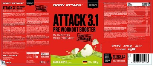 Booster-Probierset: Trec Nutrition + Scitec Pow3rd + 2 weitere – Body Attack Pre Attack 3.1 600g (Green Apple Flavour)