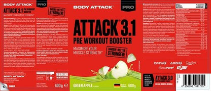 Booster-Probierset: Trec Nutrition + Scitec Pow3rd + 2 weitere – Body Attack Pre Attack 3.1 600g (Green Apple Flavour)