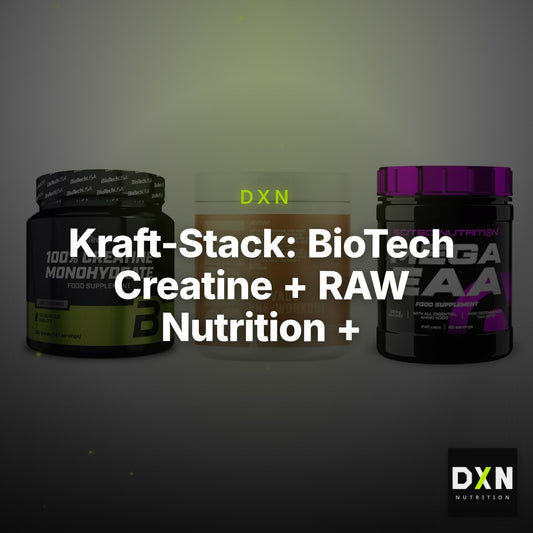 Kraft-Stack: BioTech Creatine + RAW Nutrition + Scitec Mega EAA – Clean Showcase Plus