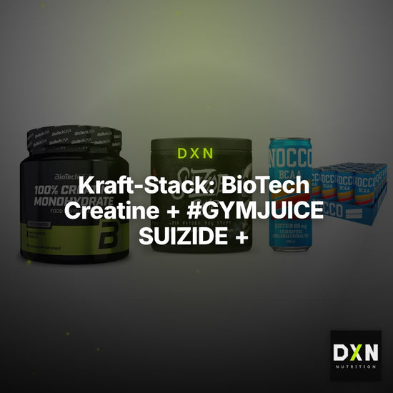 Kraft-Stack: BioTech Creatine + #GYMJUICE SUIZIDE + Nocco BCAA Drink – Clean Showcase Plus