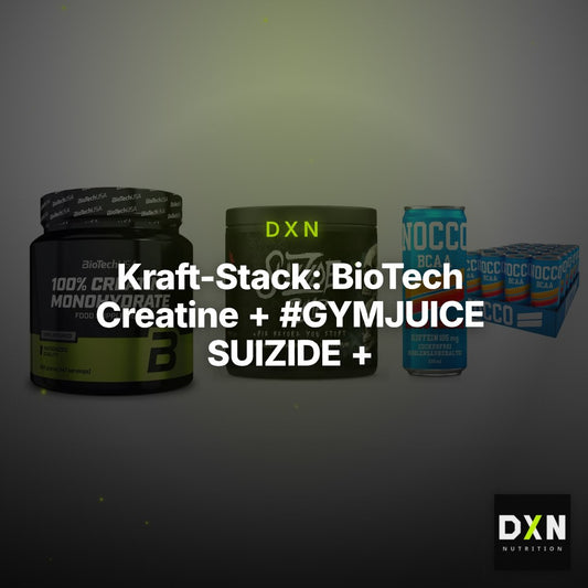 Kraft-Stack: BioTech Creatine + #GYMJUICE SUIZIDE + Nocco BCAA Drink – Clean Showcase Plus