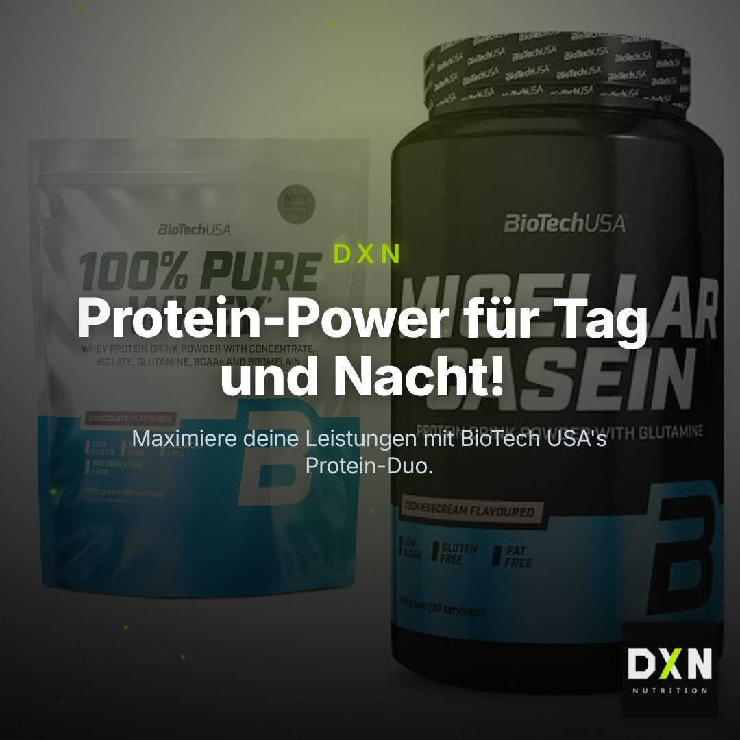 BioTech USA Protein-Duo Tag & Nacht: 100% Pure Whey + Micellar Casein – Clean Showcase Plus