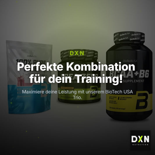 BioTech USA Marken-Trio: 100% Pure Whey + Crea Zero + BCAA+B6 200 Tabl – Clean Showcase Plus