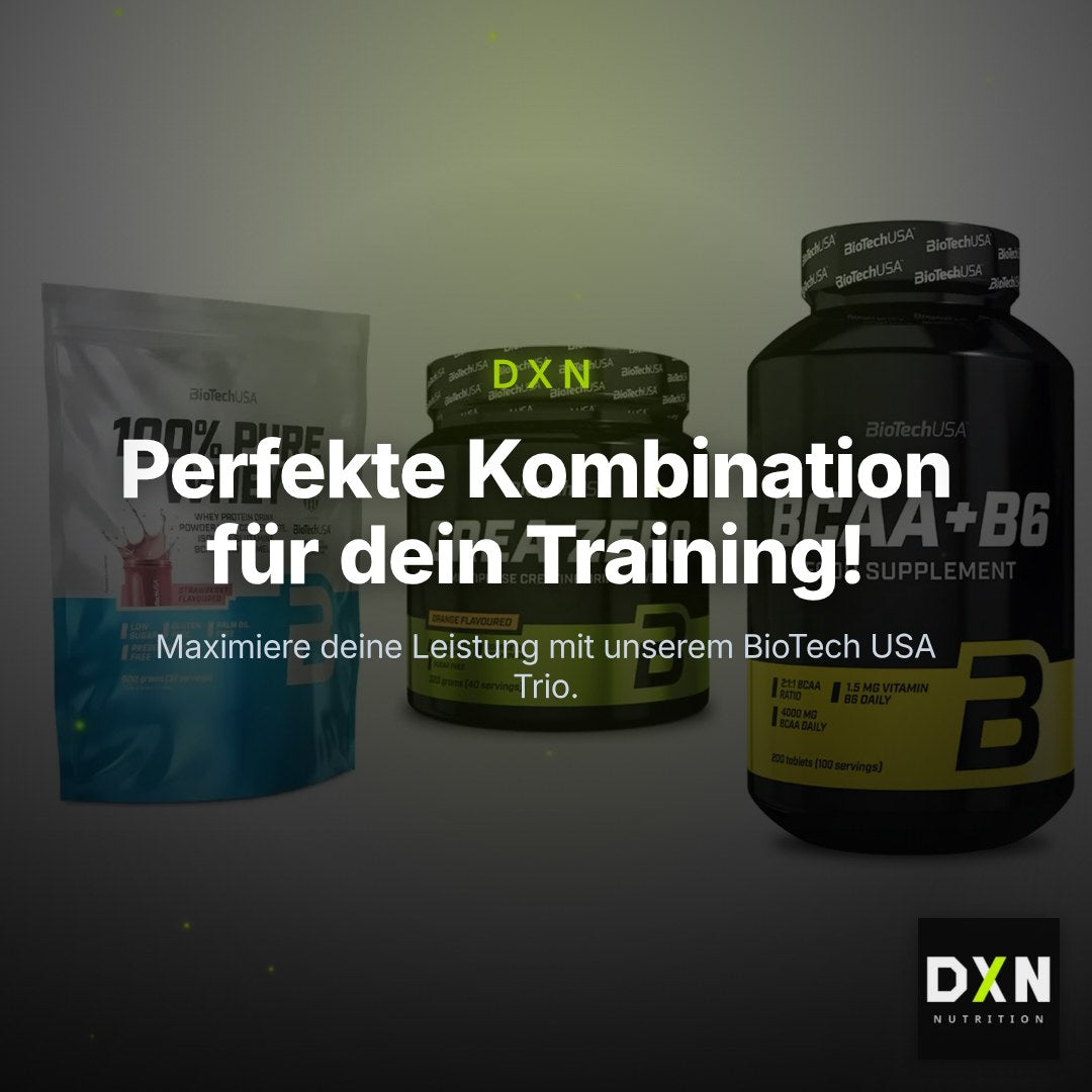 BioTech USA Marken-Trio: 100% Pure Whey + Crea Zero + BCAA+B6 200 Tabl – Clean Showcase Plus