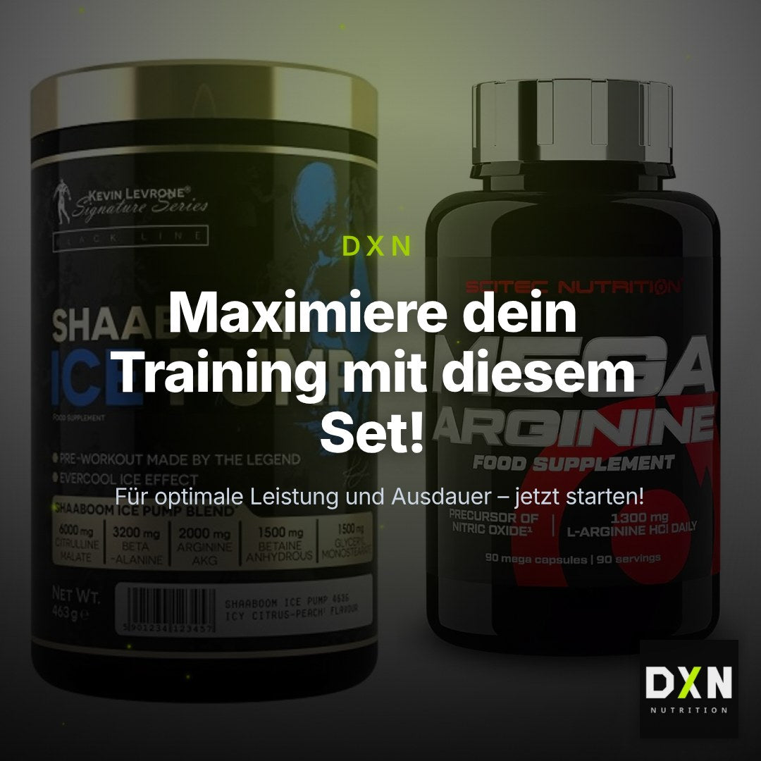 Trainings-Set: Kevin Levrone Shaaboom Ice Pump + Scitec Mega Arginine – Clean Showcase Plus