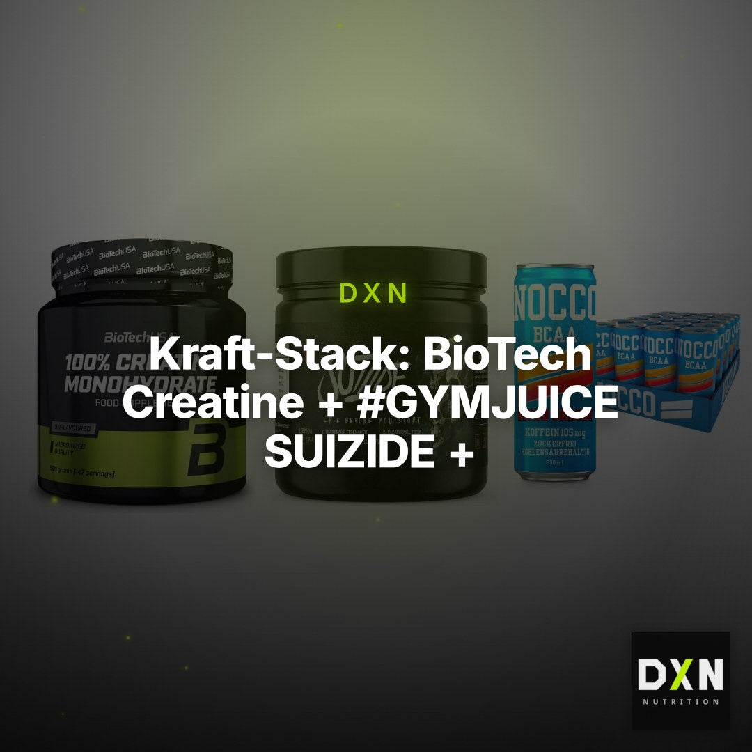 Kraft-Stack: BioTech Creatine + #GYMJUICE SUIZIDE + Nocco BCAA Drink – Clean Showcase Plus