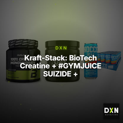 Kraft-Stack: BioTech Creatine + #GYMJUICE SUIZIDE + Nocco BCAA Drink – Clean Showcase Plus