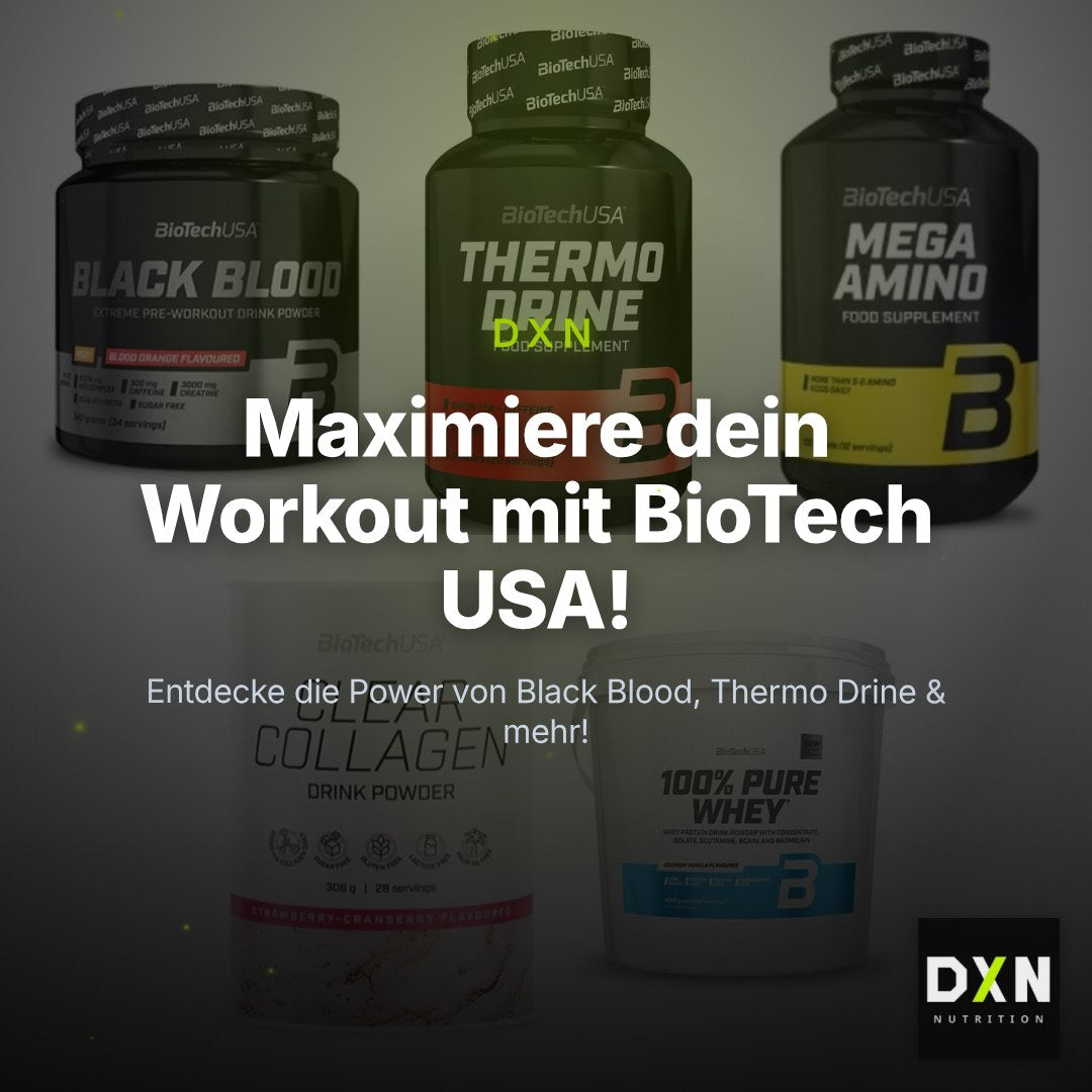 BioTech USA Marken-Großset: Black Blood + Thermo Drine + 3 weitere – Clean Showcase Plus