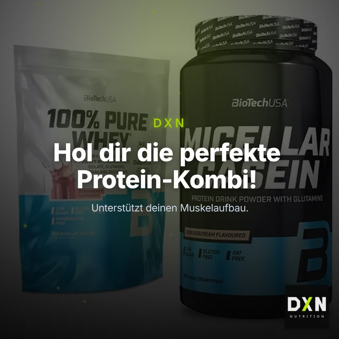 BioTech USA Protein-Duo Tag & Nacht: 100% Pure Whey + Micellar Casein – Clean Showcase Plus
