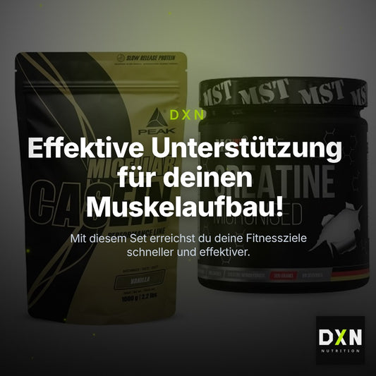 Muskelaufbau-Set: Peak Micellar Casein + MST Creatin Monohydrate – Clean Showcase Plus