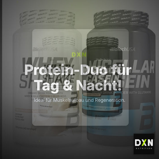 BioTech USA Protein-Duo Tag & Nacht: Whey Shake + Micellar Casein – Clean Showcase Plus
