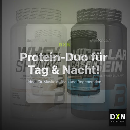 BioTech USA Protein-Duo Tag & Nacht: Whey Shake + Micellar Casein – Clean Showcase Plus