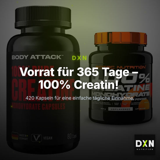 Creatin-Jahresvorrat: Body Attack 100% Pure – 365 Tage, 420 Kapseln – Clean Showcase Plus