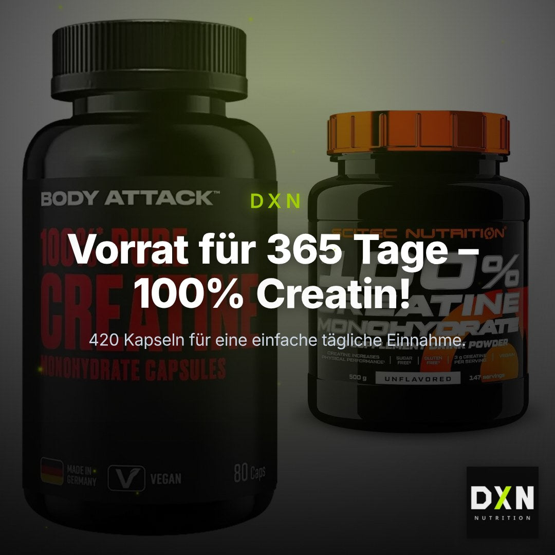 Creatin-Jahresvorrat: Body Attack 100% Pure – 365 Tage, 420 Kapseln – Clean Showcase Plus