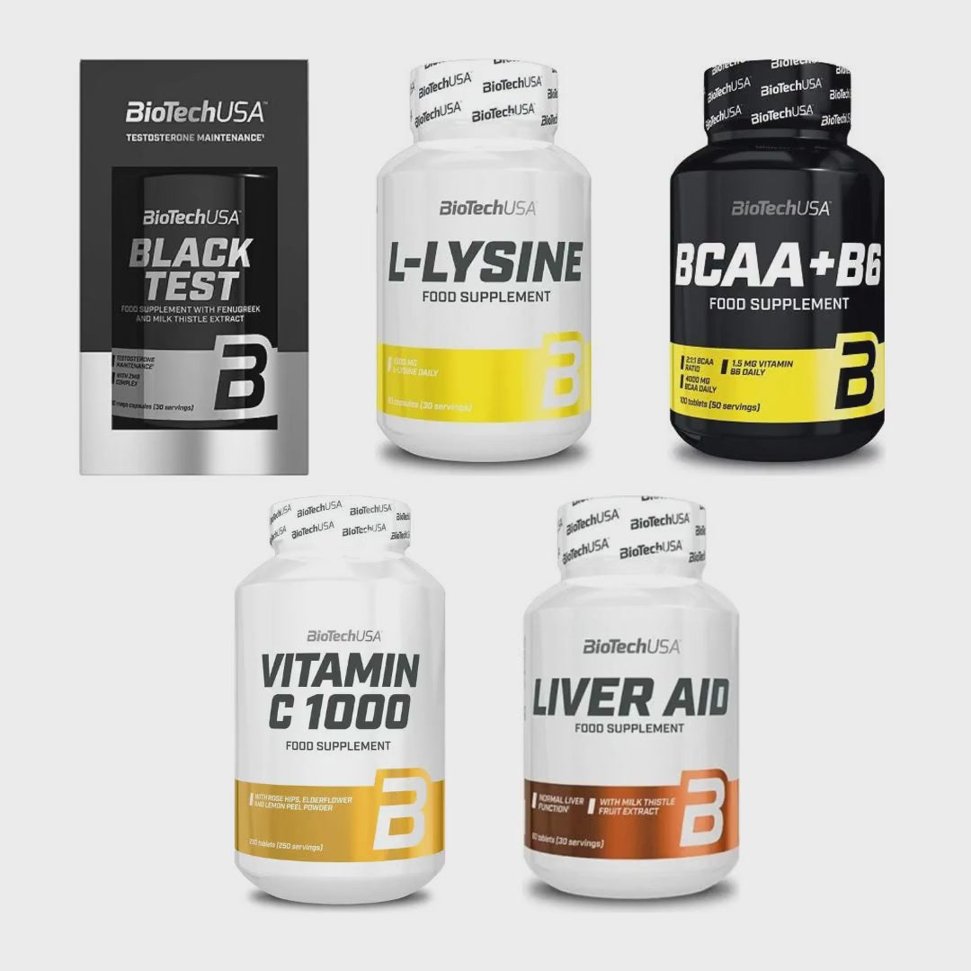 BioTech USA Marken-Großset: Black Test + L-Lysine + 3 weitere – Clean Showcase Plus